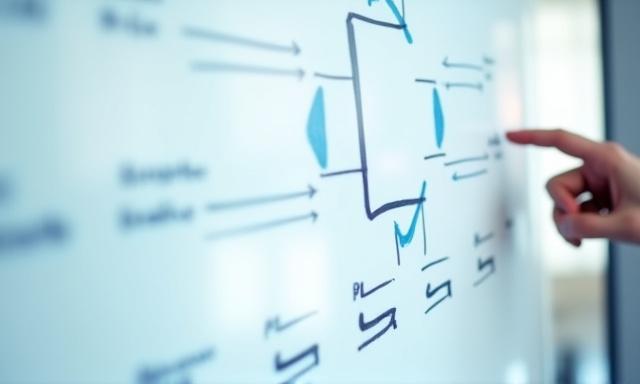 En whiteboard med strategiska diagram och pilar.